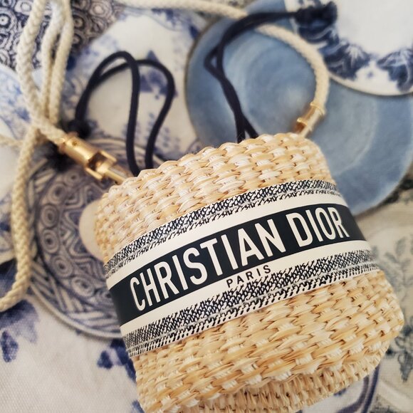 Dior Beige and Navy Woven Bucket Bag - Picture 9 of 14